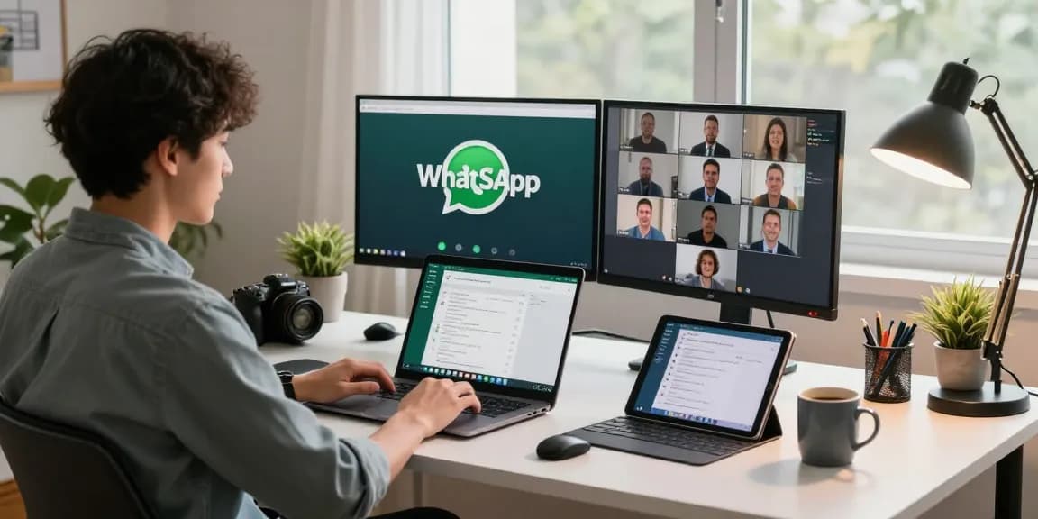 Person using WhatsApp電腦版 in a modern home office with tech gadgets.