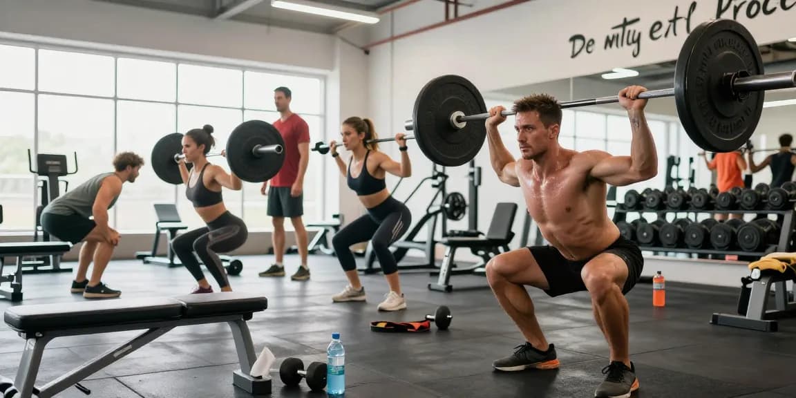 Prime Pharma Steroiden training scene with diverse bodybuilders lifting weights in a bright gym.