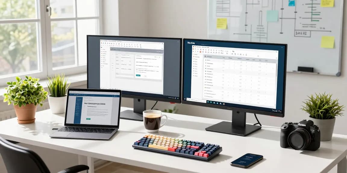 Download WPS Office applications on multiple monitors in a modern workspace.