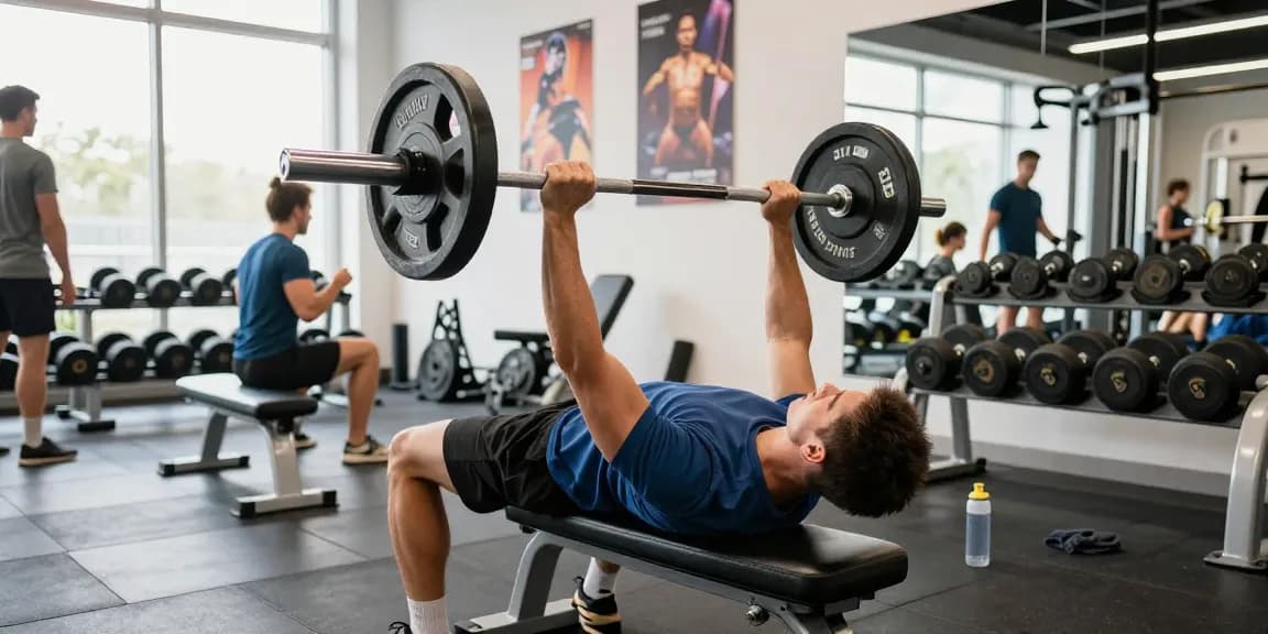 Prime Pharma Steroiden showcasing an athlete engaging in a powerful bench press at a modern gym.