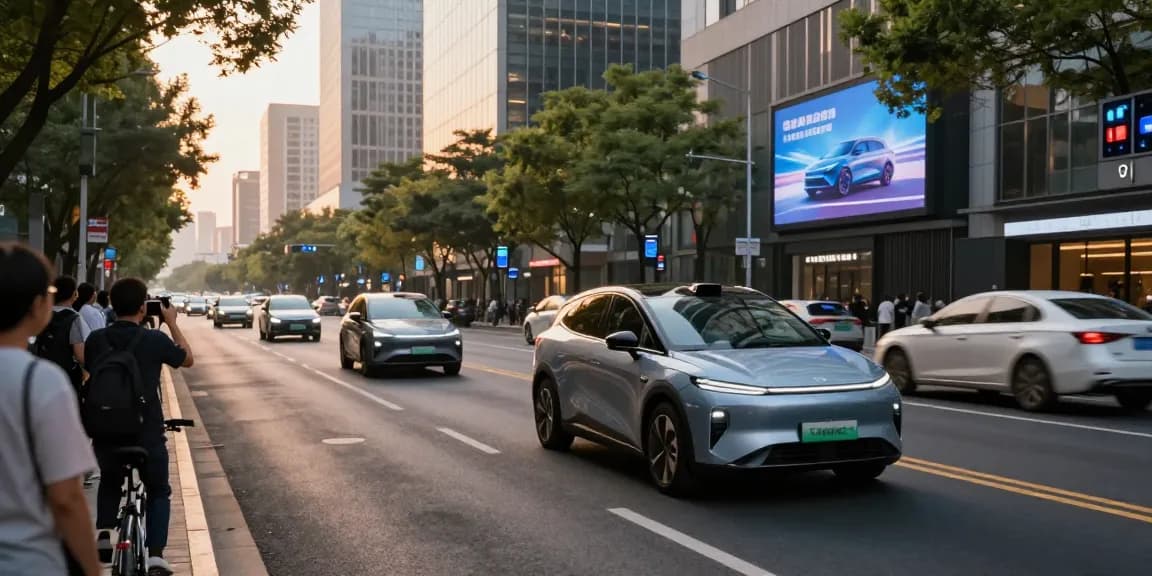Autonomous driving vehicle navigating a busy city street, showcasing innovation and modern technology.