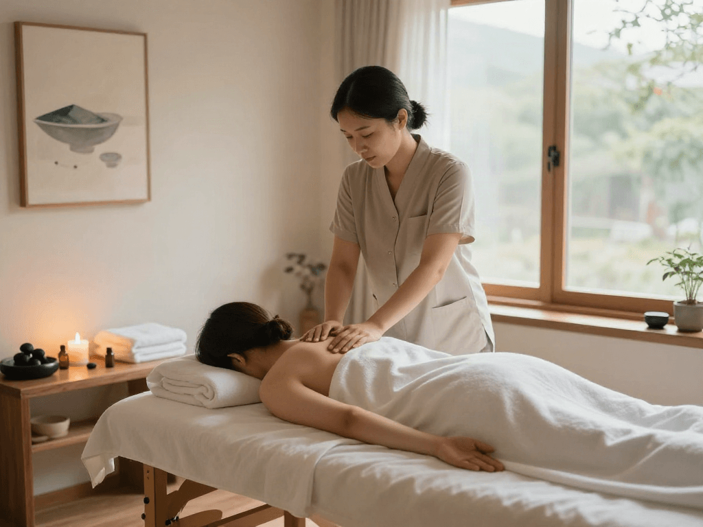 Relaxing 군포출장마사지 session in a serene wellness room with essential oils and candles.