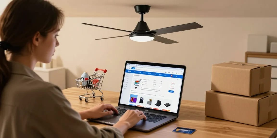 De zwarte plafond ventilator voor online winkelen, productbeoordeling, en de beste deals op e-commerce platforms.