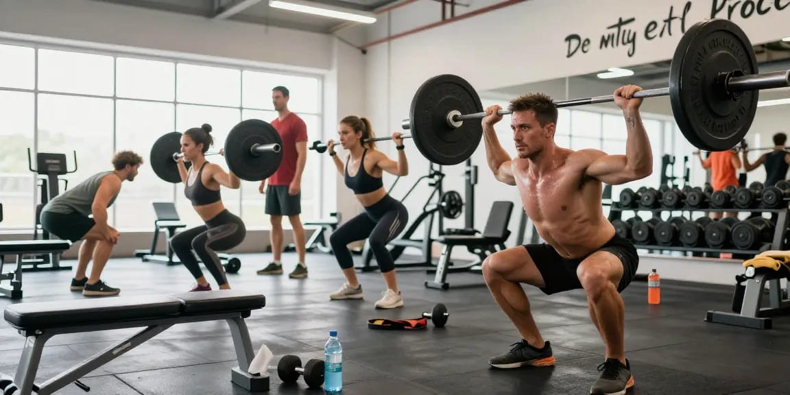 Prime Pharma Steroiden training scene with diverse bodybuilders lifting weights in a bright gym.