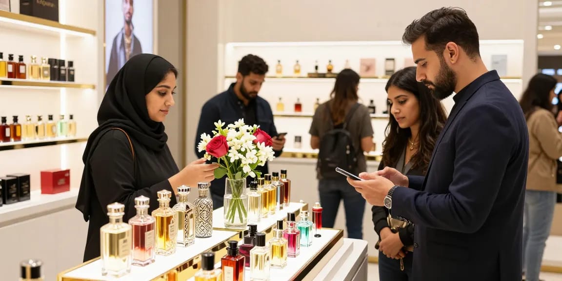 Klant bekijkt parfum samples van luxe Arabische parfums in een stijlvol winkelinterieur.