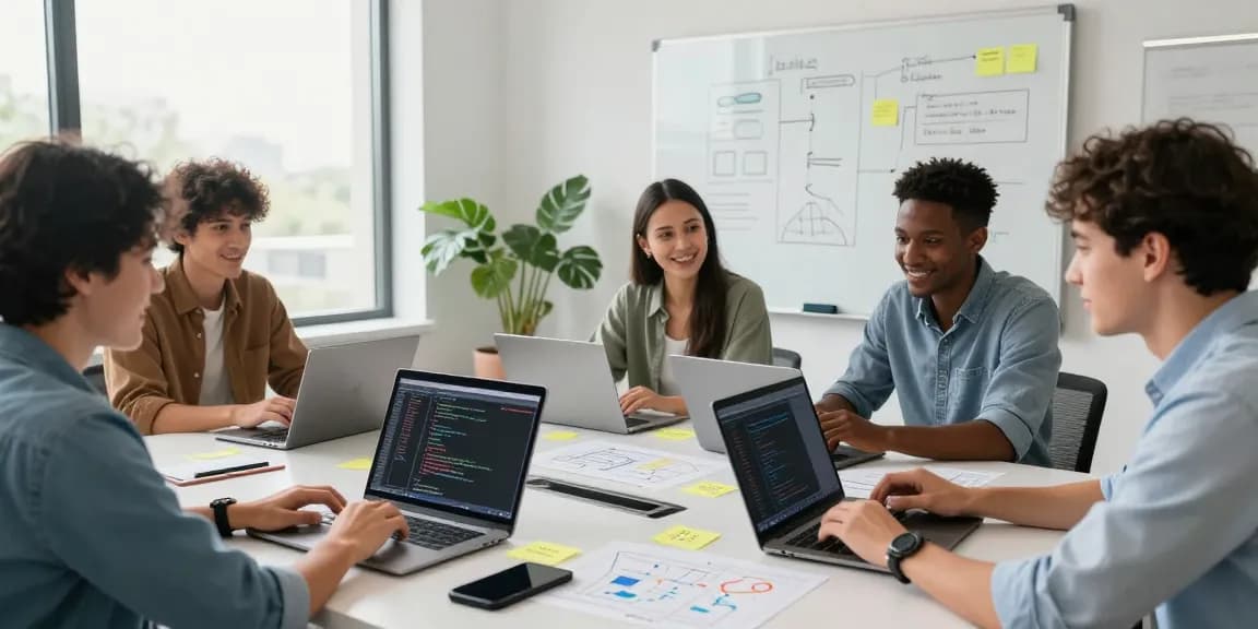 Build internal tools with AI in a collaborative tech workspace with a diverse professional team actively engaging over laptops and digital devices.