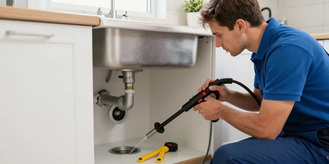 Ontstoppingsdienst technicus inspecteert verstopte afvoer met professionele apparatuur in een nette keuken.