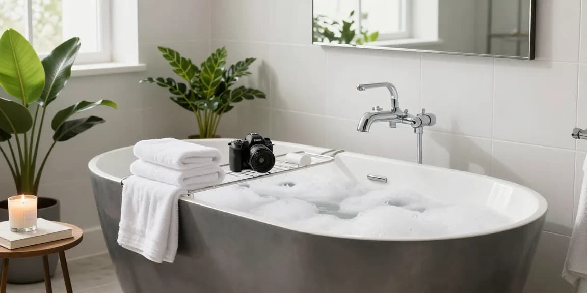 Gunmetal mengkraan badkamer in luxe setting met vrijstaand bad en ambiance van ontspanning.