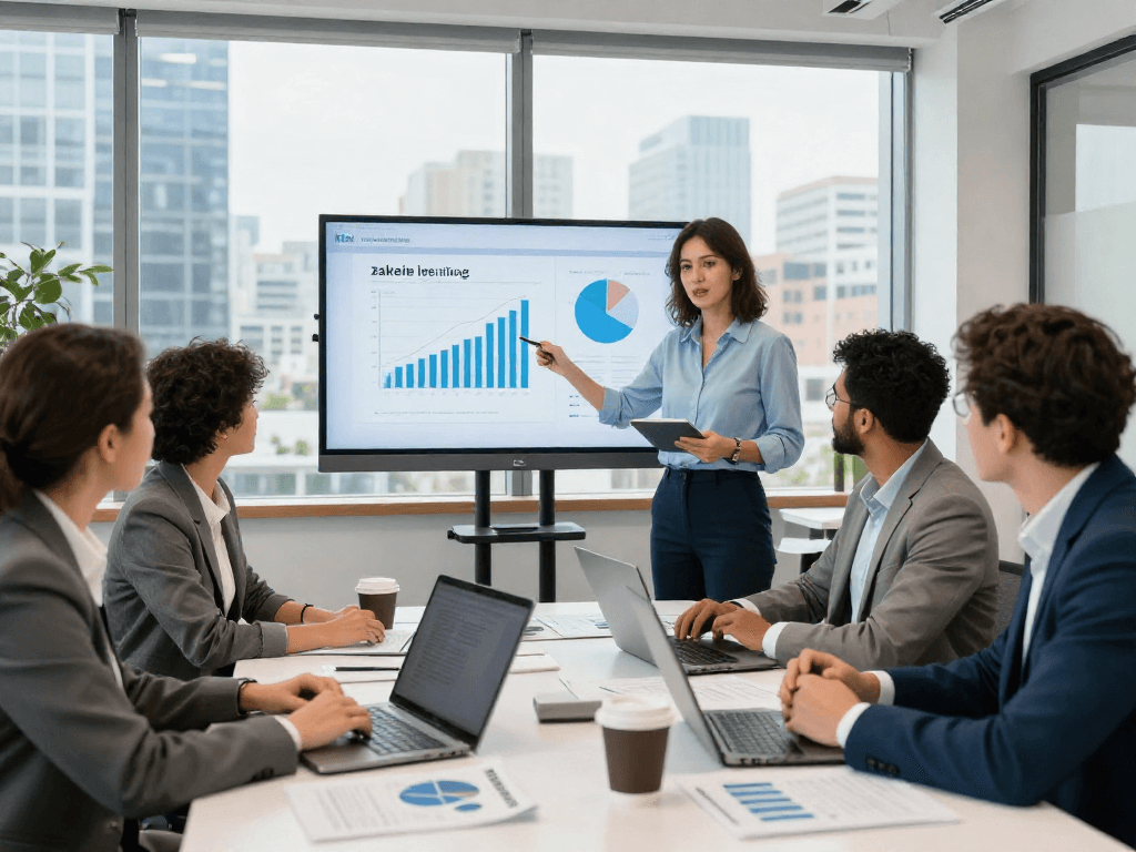 Professionals in een zakelijke omgeving analyseren een zakelijke lening met laptops en financiële documenten.