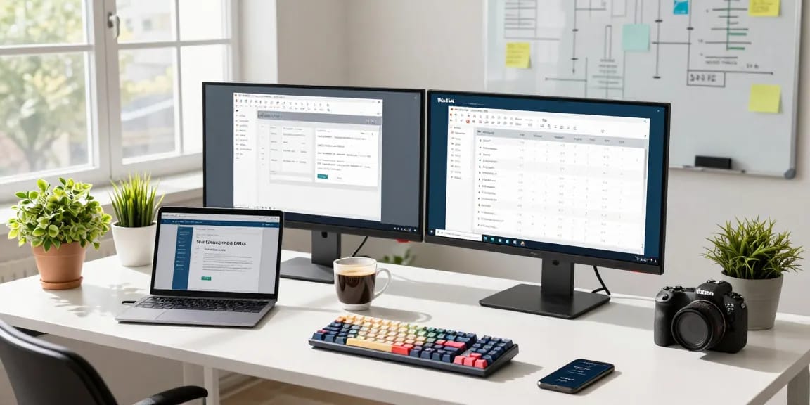 Download WPS Office applications on multiple monitors in a modern workspace.