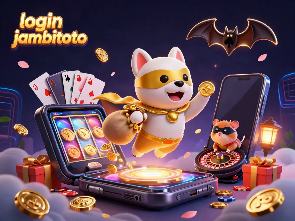 Engage with login jambitoto features in a vibrant, action-filled 3D illustration showcasing gaming excitement.