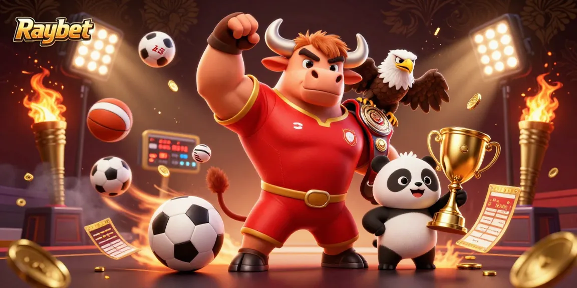 Raybet offers thrilling gaming experiences with a bull mascot, eagle, and panda celebrating victories.