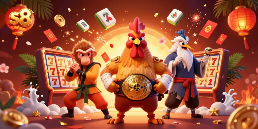 Engage with thrilling s8 casino action featuring 3D characters celebrating a jackpot amidst vibrant decorations.