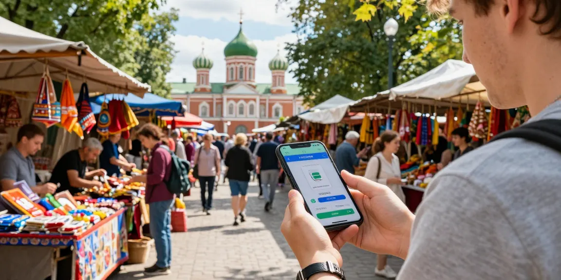Een toerist gebruikt https://payinrussia.com/ om mobiel te betalen in een levendige Russische markt vol lokale producten.