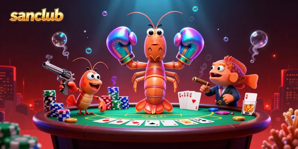 Experience thrilling poker action with sanclub’s vibrant 3D illustration showcasing an underwater gaming scene featuring unique characters.