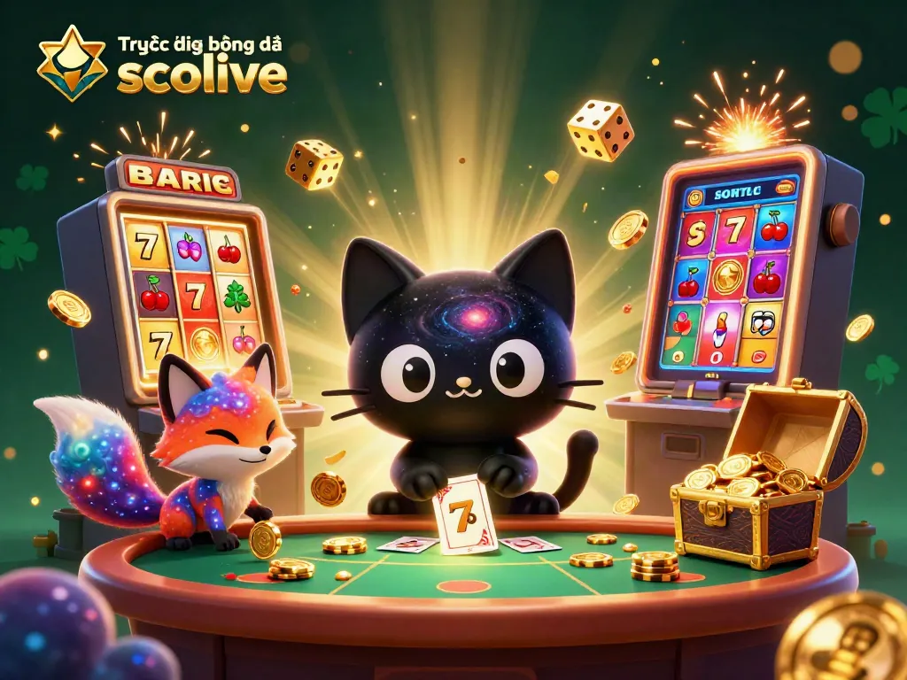 Engage with Trực tiếp bóng đá socolive as cosmic characters pull in golden chips and cards at a vibrant casino.