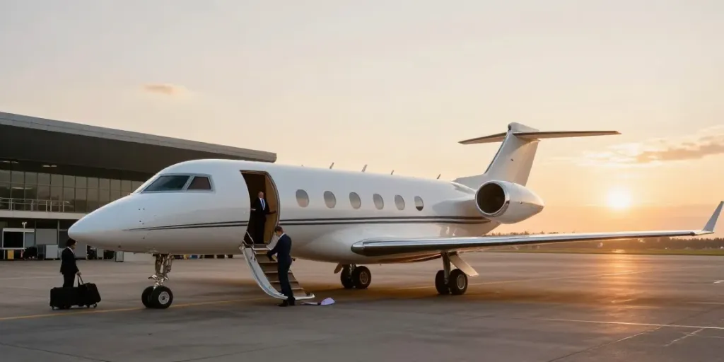 Private jet rental Amsterdam with a luxury business jet at sunset on the tarmac.