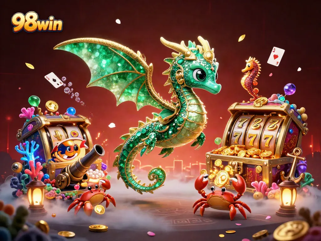 Engage with 98win's thrilling casino experience featuring a vibrant sea dragon and dynamic gaming elements.