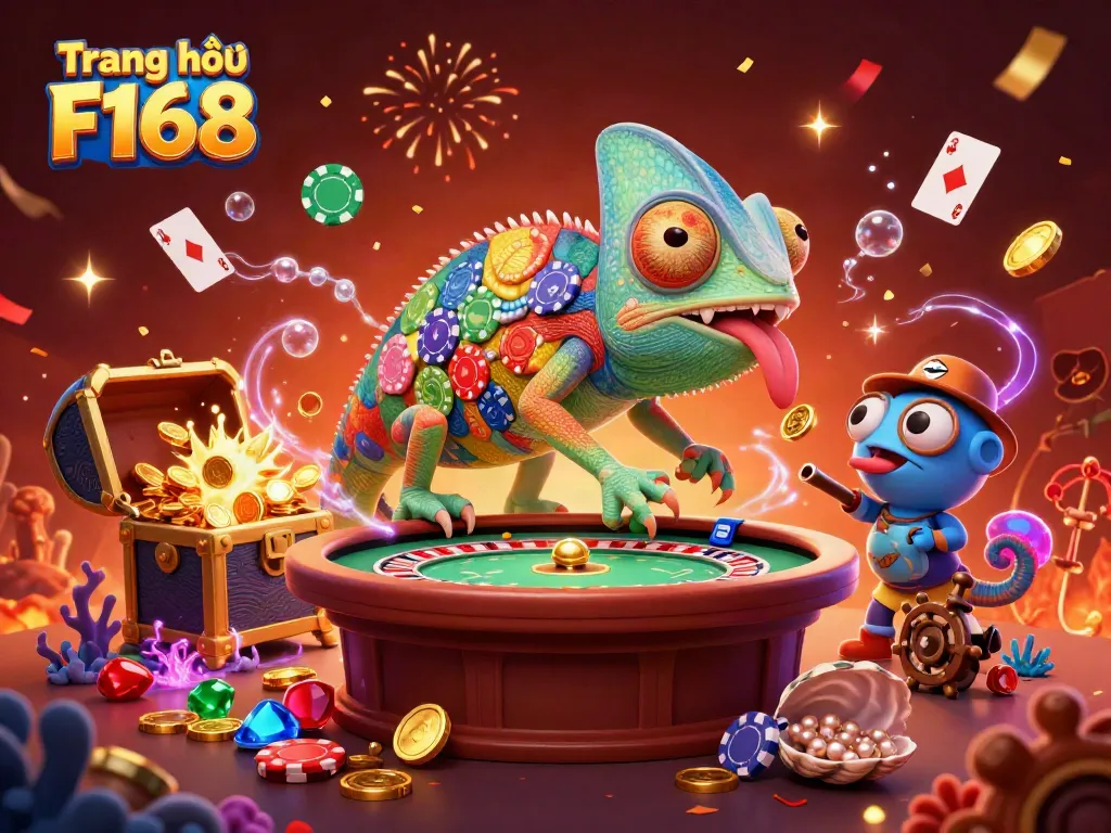 Engage with the vibrant and energetic scene from Trang chủ F168 as a colorful chameleon collects golden coins in a casino.