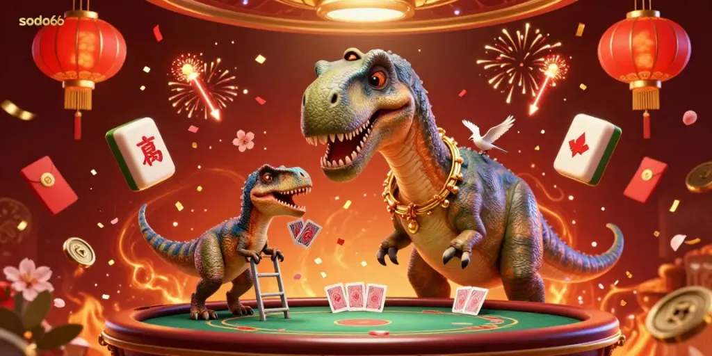 Experience thrilling poker action with sodo66 as a brontosaurus looks down from above, bringing excitement to the game.