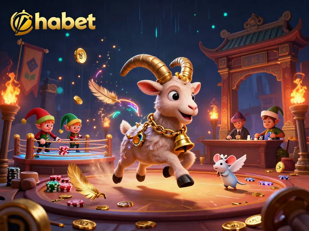 Engaging scene with thabet highlighting a festive casino atmosphere featuring a Krampus goat, angel mouse, and gremlins.