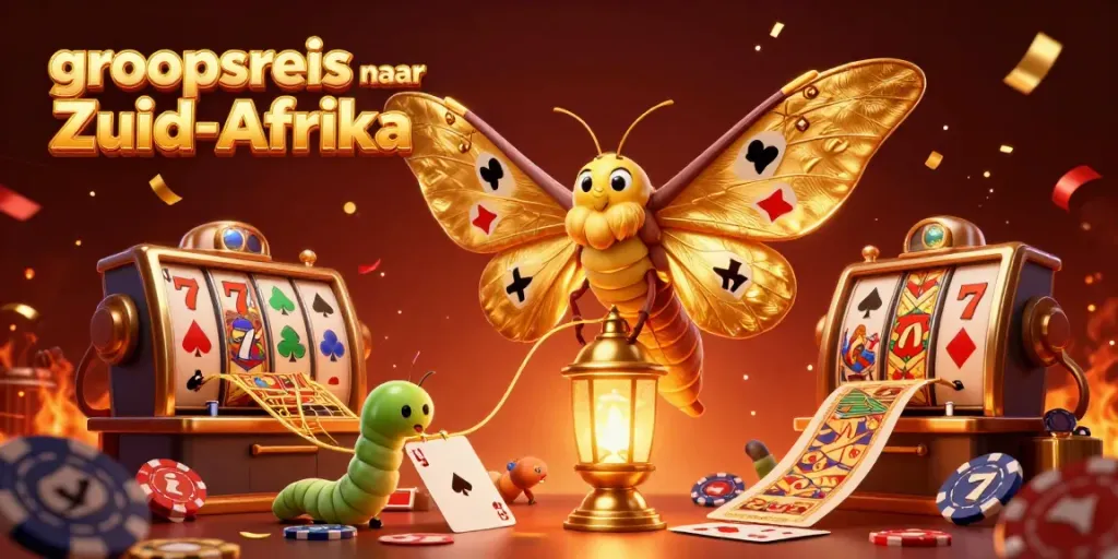Geniet van een avontuurlijke groepsreis naar Zuid-Afrika met een kleurrijke casinothema.