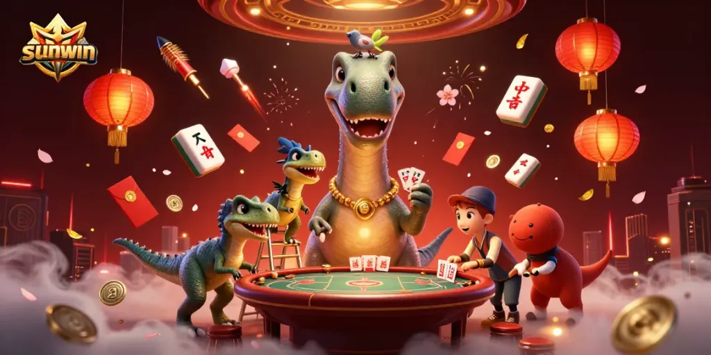 Experience thrilling sunwin gameplay in a vibrant casino scene with a dinosaur dealer and dynamic elements.