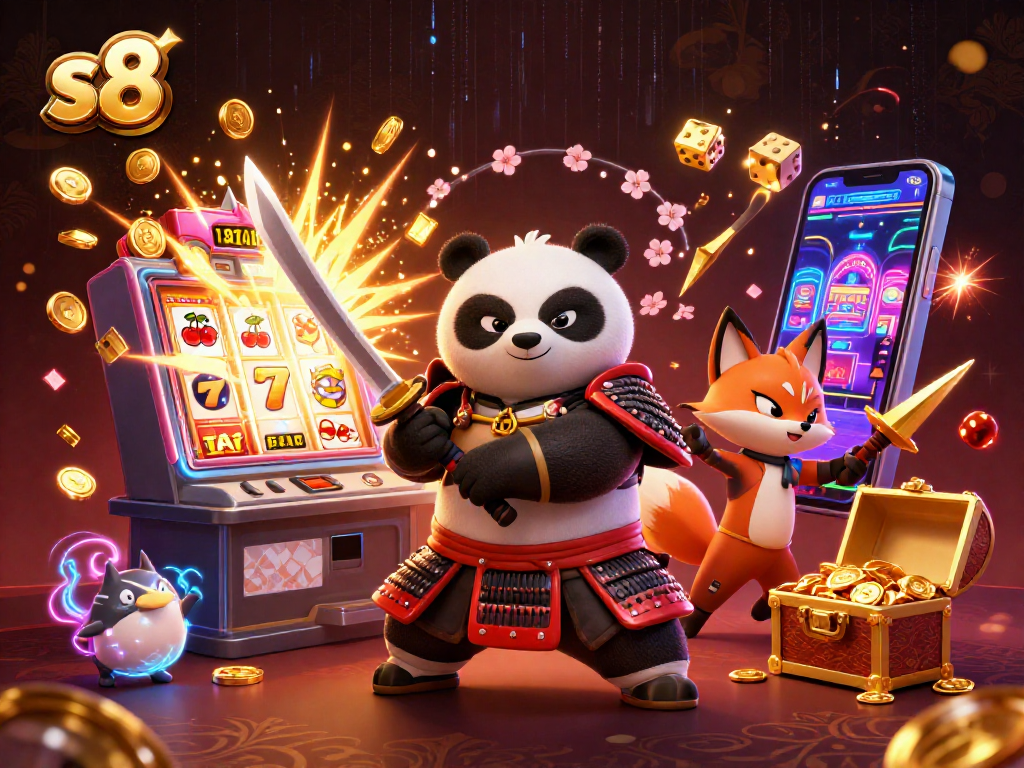 S8 gamblers enjoy vibrant slots amid a thrilling 3D scene with cartoon characters and jackpots.