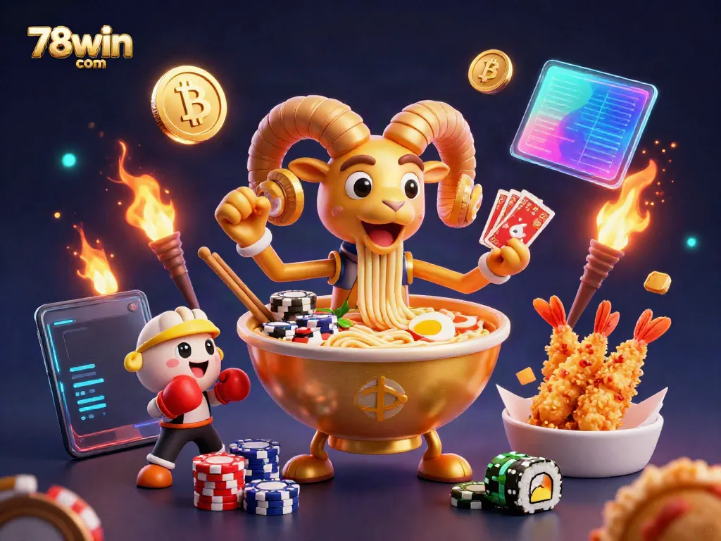 Experience action-packed gameplay with the 78win com giant ramen bowl and colorful casino elements in a vibrant 3D illustration.