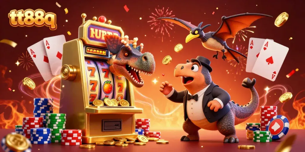 Experience the thrill of tt88q with a dinosaur-themed casino scene featuring jackpots and vibrant casino elements.