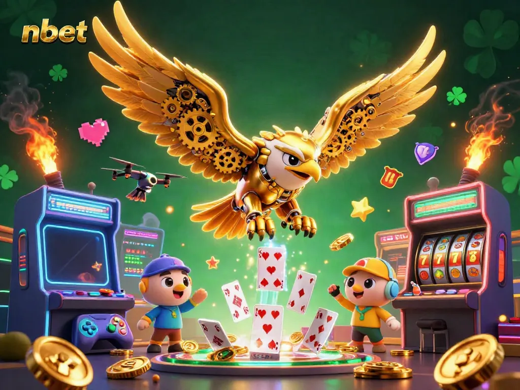 Experience thrilling nbet gameplay with a cybernetic eagle amidst vibrant casino visuals.