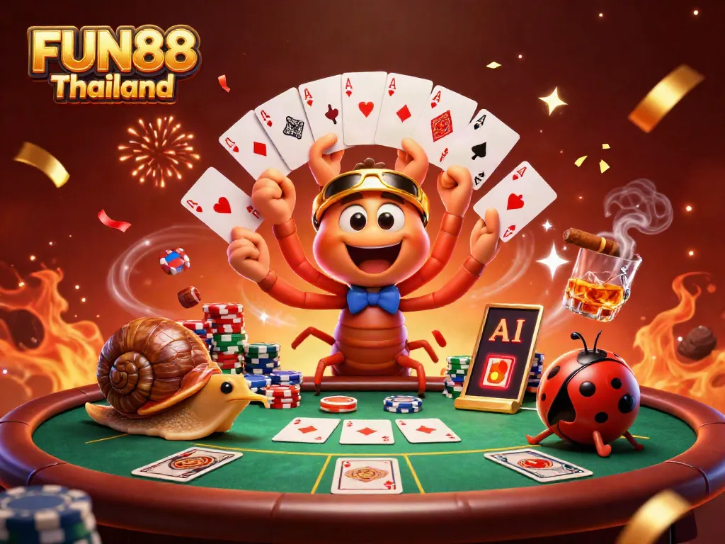 Engage with FUN88 Thailand as 3D cartoon characters celebrate with cards and chips in an exciting casino atmosphere.