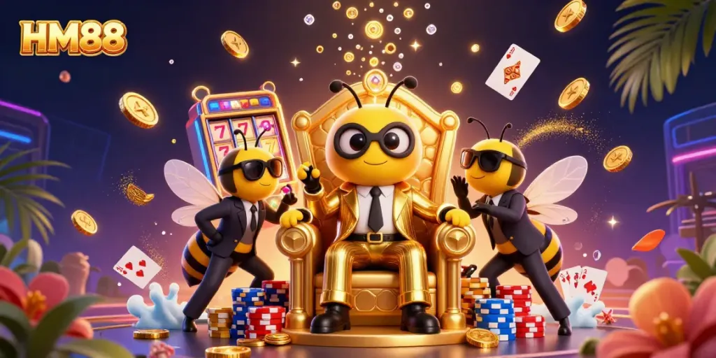 Experience thrilling gameplay at HM88 with a dynamic casino scene featuring bumblebee mob boss and golden slot reels.