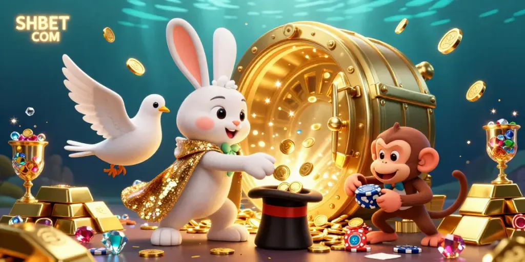 Shoot for excitement with SHBET COM in a vibrant casino scene featuring a magician rabbit, sparkling gems, and gold treasures.
