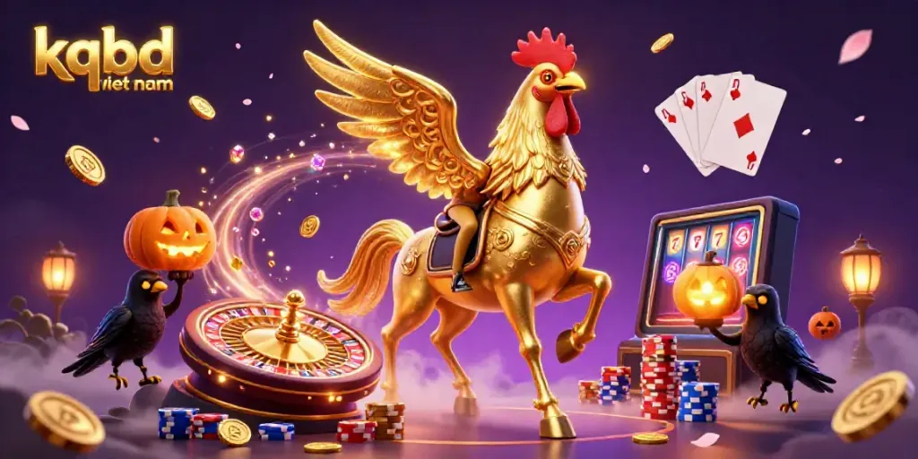 Interactive kqbd viet nam scene featuring a golden rooster horseman in a casino with vibrant game elements.