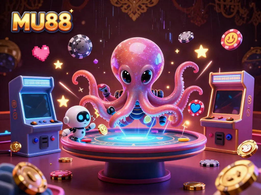 Engage with MU88's vibrant gaming scene featuring an alien octopus and holographic poker action.