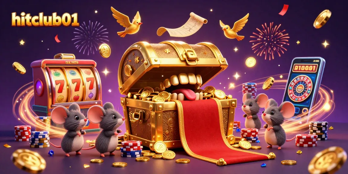 Engage with hitclub01's vibrant online gaming scene featuring a golden treasure chest and thrilling slot reels.