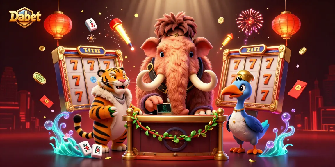 Dabet's vibrant casino illustration depicts a woolly mammoth checking IDs of a VIP saber-tooth tiger amidst engaging gaming elements.