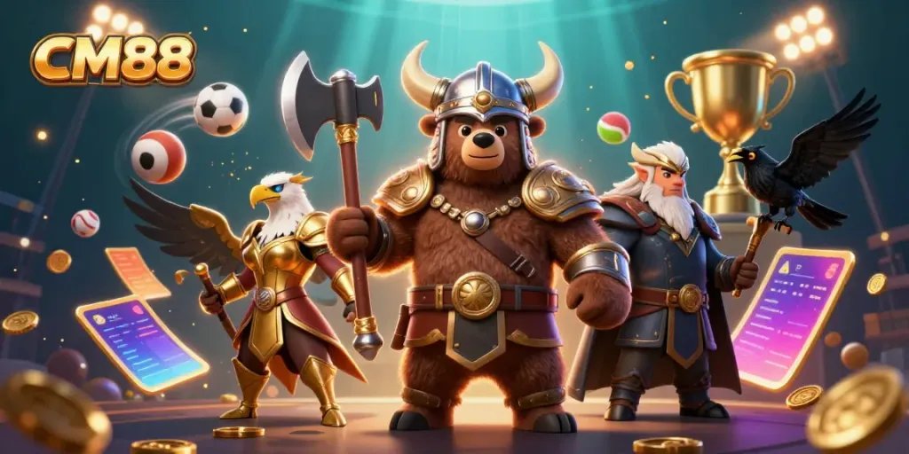 Experience the excitement of CM88 with a dynamic scene featuring a Viking bear and Valkyrie in an online casino.