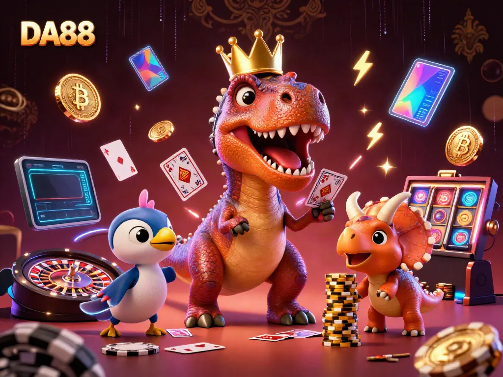 Engage with DA88 casino action featuring a lively T-Rex learning to play poker with friends.