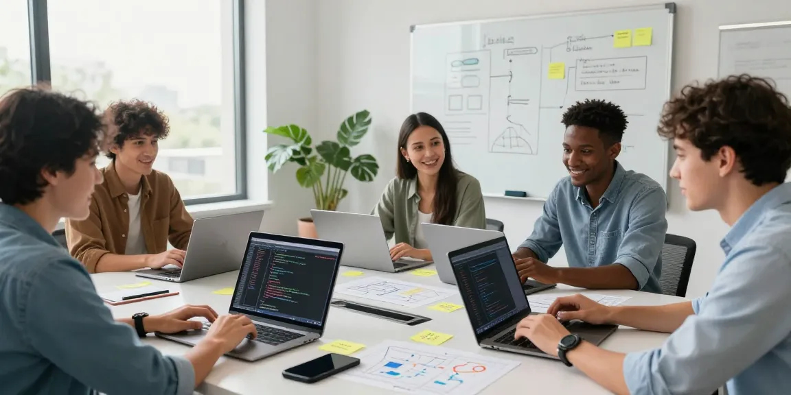 Build internal tools with AI in a collaborative tech workspace with a diverse professional team actively engaging over laptops and digital devices.