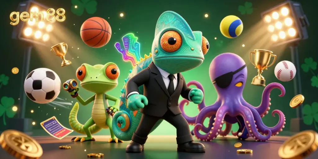 Experience gem88's dynamic gaming world with a chameleon agent, tech gecko, and octopus in a rich casino scene.