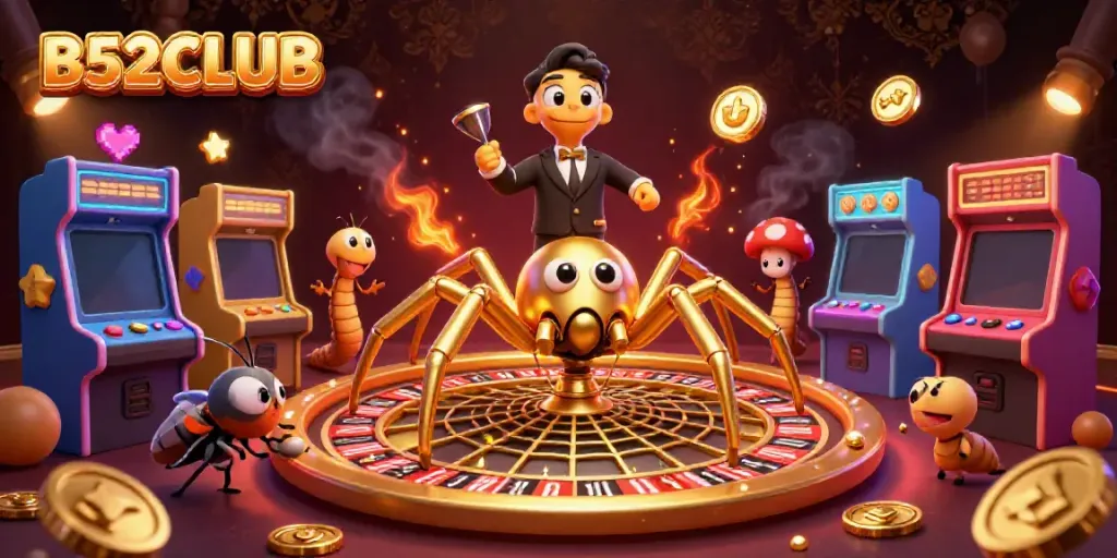 Engage with B52CLUB's thrilling atmosphere where a golden spider spins a roulette wheel while a nervous fly bets.
