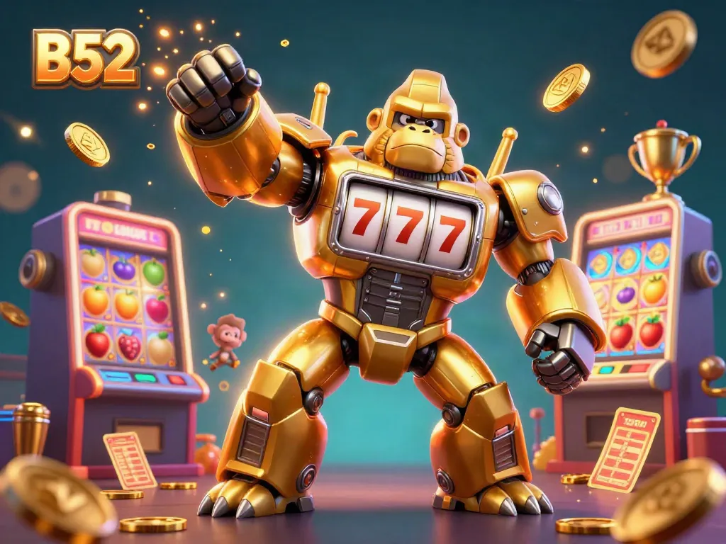 Engaging B52-themed 3D illustration capturing a golden gorilla mech amidst vibrant casino elements and slot machine motifs.