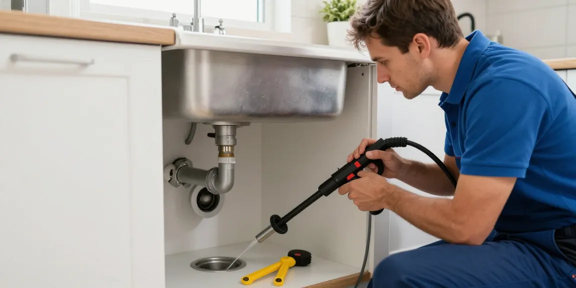 Ontstoppingsdienst technicus inspecteert verstopte afvoer met professionele apparatuur in een nette keuken.