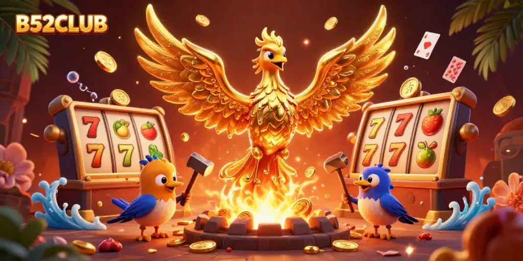 B52CLUB showcases a vibrant golden phoenix amidst dynamic casino elements, symbolizing wealth and luck.