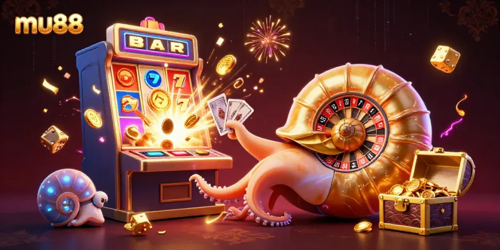 Experience mu88’s thrilling casino world with a vibrant illustration of a giant nautilus and jackpot elements.