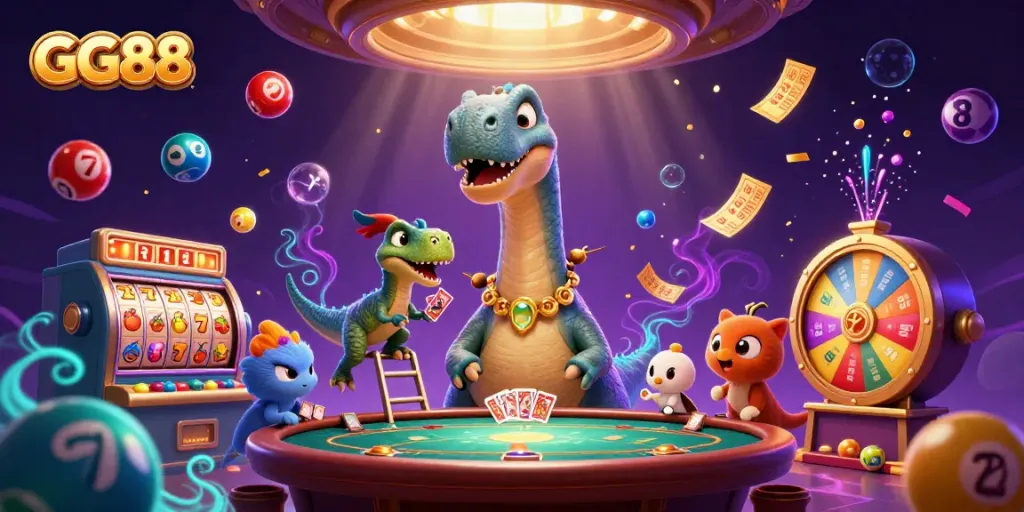 Engage with thrilling GG88 casino fun featuring a dinosaur tableau surrounded by exciting gambling elements.