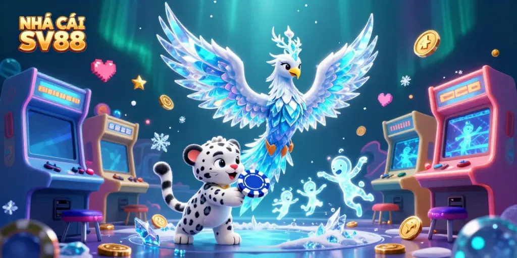 Play exciting casino games at NHÀ CÁI SV88 with immersive 3D graphics featuring vibrant characters and casino elements.