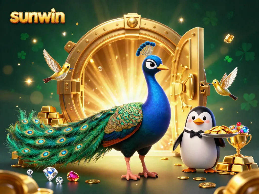 Join the fun at sunwin casino with an exciting 3D illustration of vibrant gaming characters, treasure, and sparkling gems.